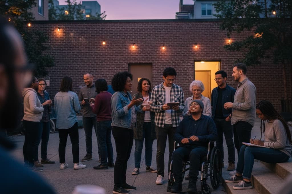 A diverse, multi-generational community gathers outdoors at twilight, engaged in animated conversations under warm string lights in an urban neighborhood setting